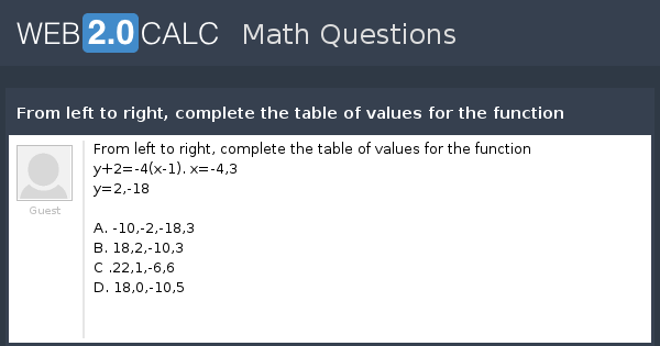 View question - From left to right, complete the table of values for ...